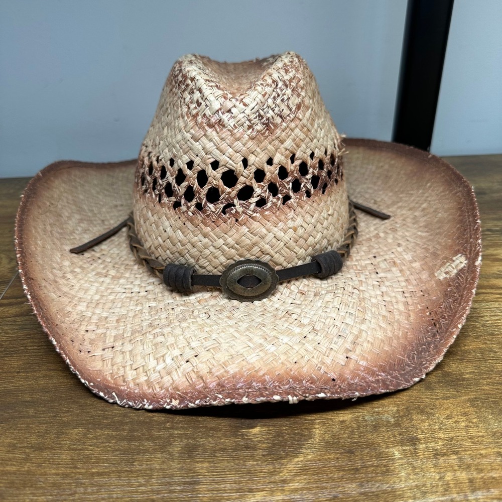 Stetson Mens Raffia Straw Cowboy Hat Tea Stained Western Concho Band
